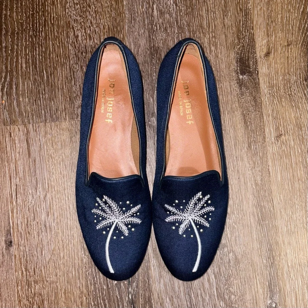Jon Josef Spain Navy Palm Embellished Linen Loafer Slip On Size 7 Quiet Luxury